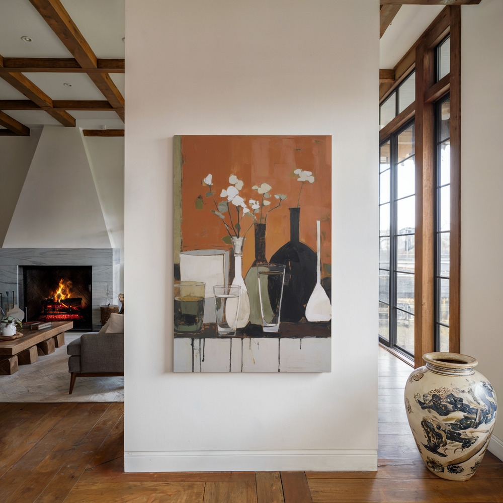 Canvas print - Stilllife With Glasses And Bottles by the fireplace