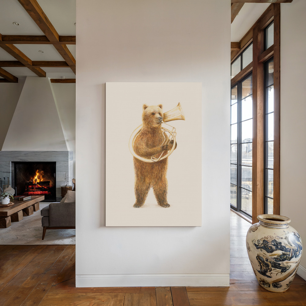 Lærred - The Bear and His Helicon ved pejsen