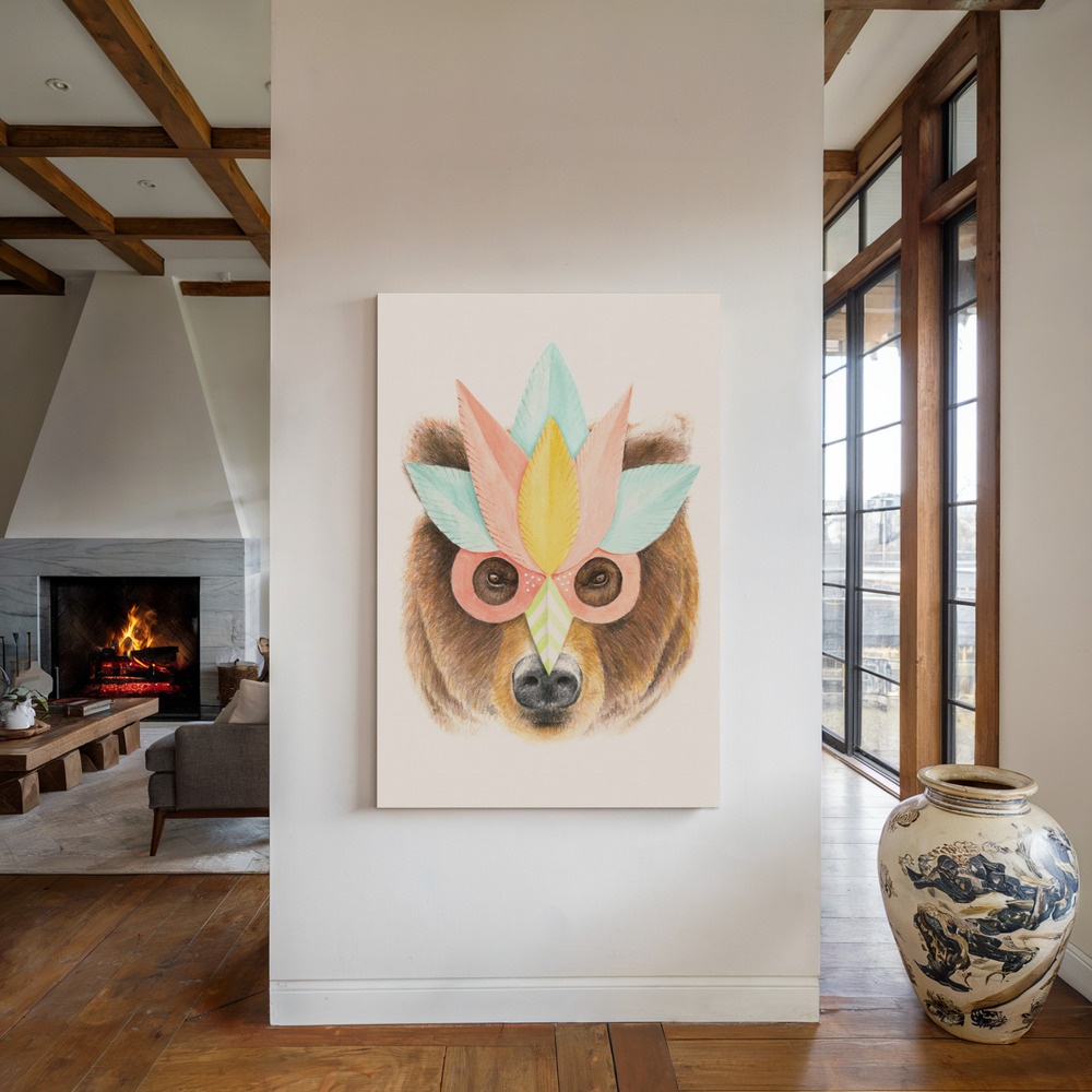 Lienzo - Bear Paper Mask junto a la chimenea