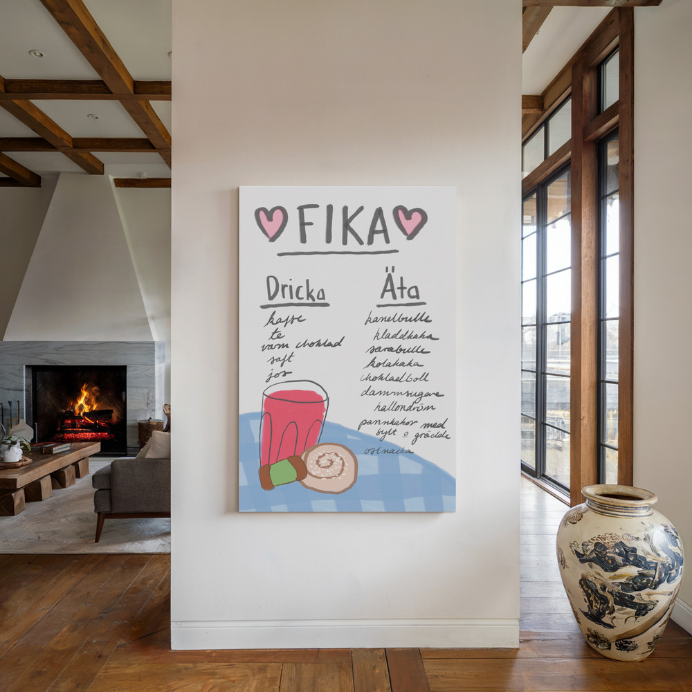 Lærred - Fika ved pejsen