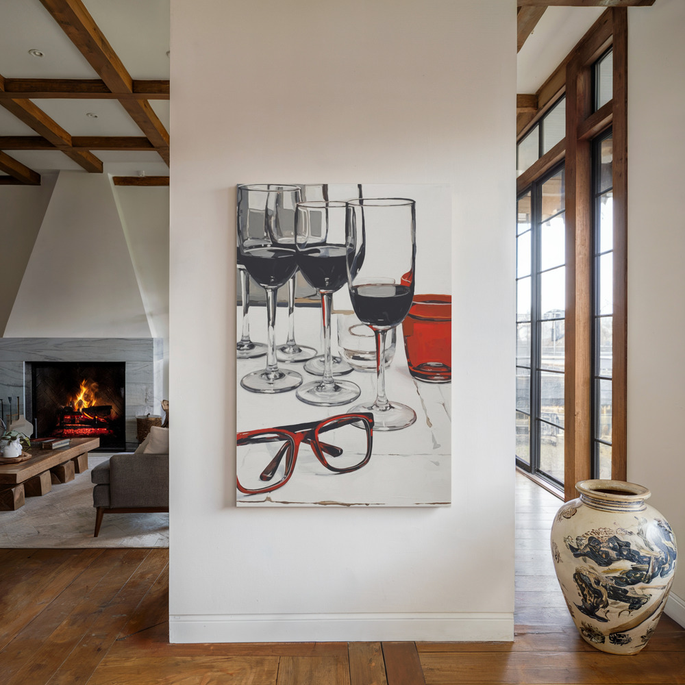 Lærred - Still Life With Red Glasses ved pejsen