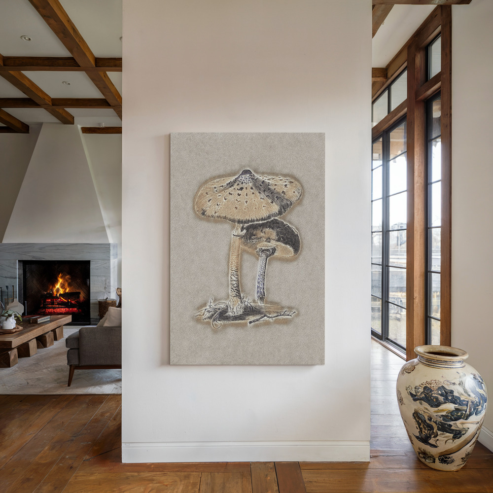 Toile - Hand Drawn Parasol Mushroom Brown au coin du feu