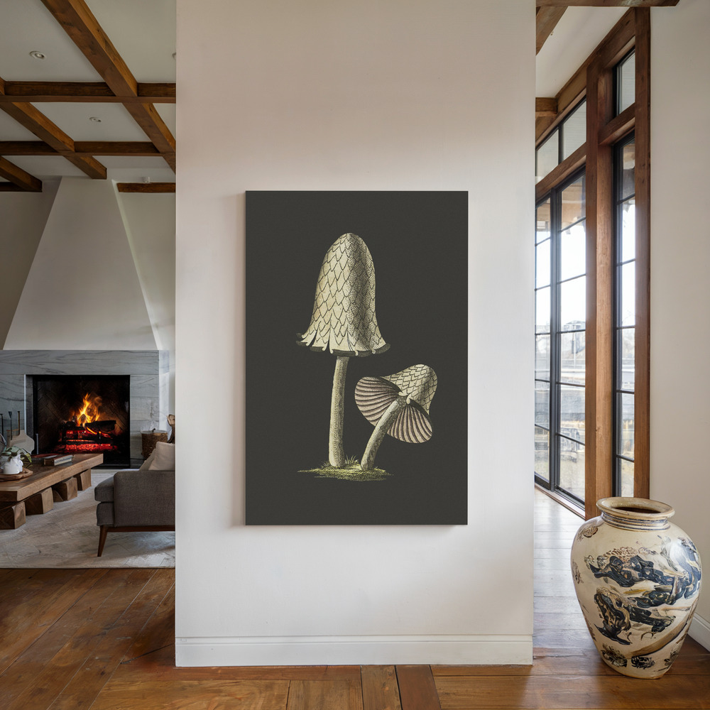 Canvas print - Vintage Inky Cap Edible Mushroom Black Background by the fireplace