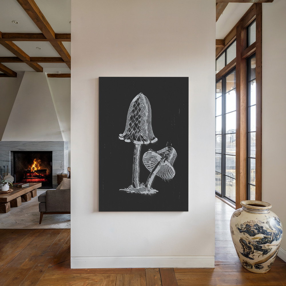 Canvas print - Vintage Inky Cap Edible Mushroom Dark BW by the fireplace