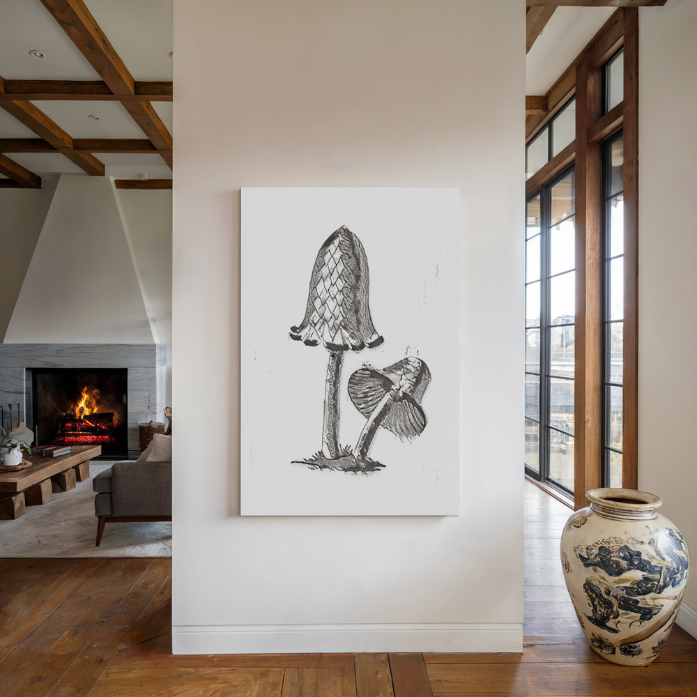Canvas print - Vintage Inky Cap Edible Mushroom BW Bright by the fireplace