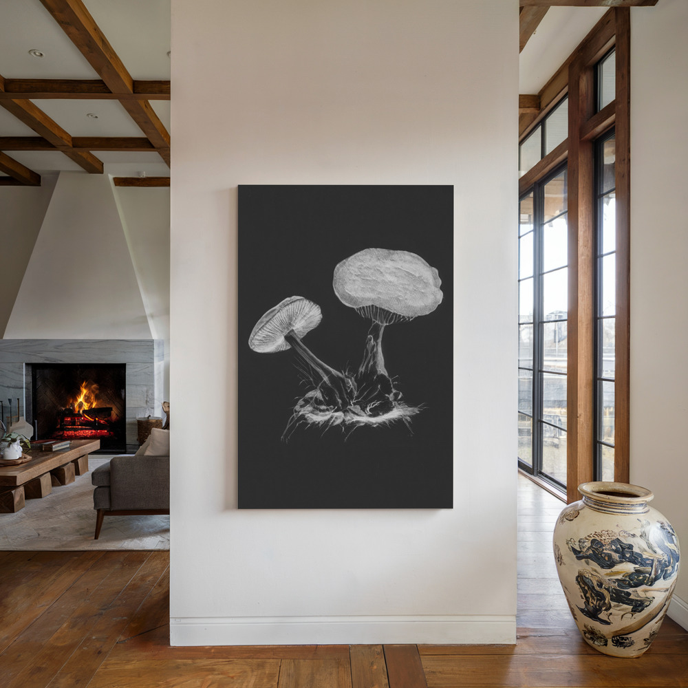 Canvas print - Vintage Violet Webcap Mushroom Dark BW by the fireplace
