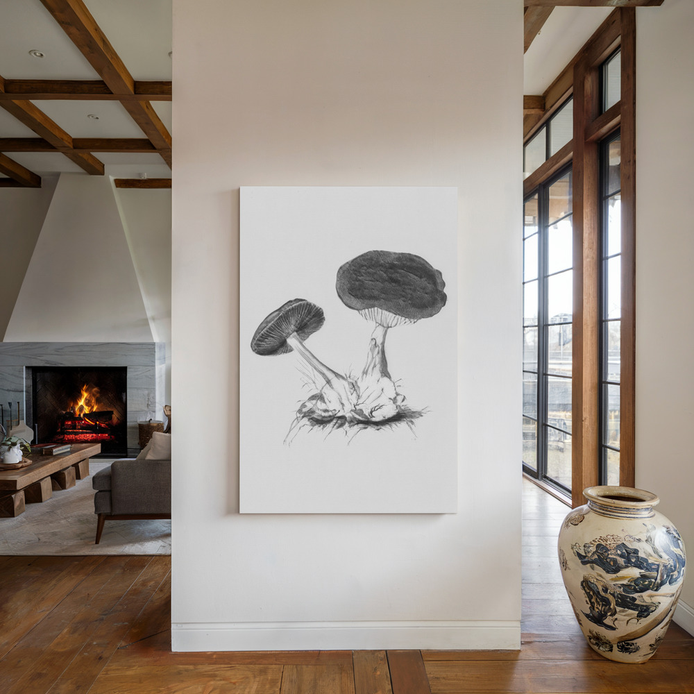 Canvas print - Vintage Violet Webcap Mushroom Bright BW by the fireplace