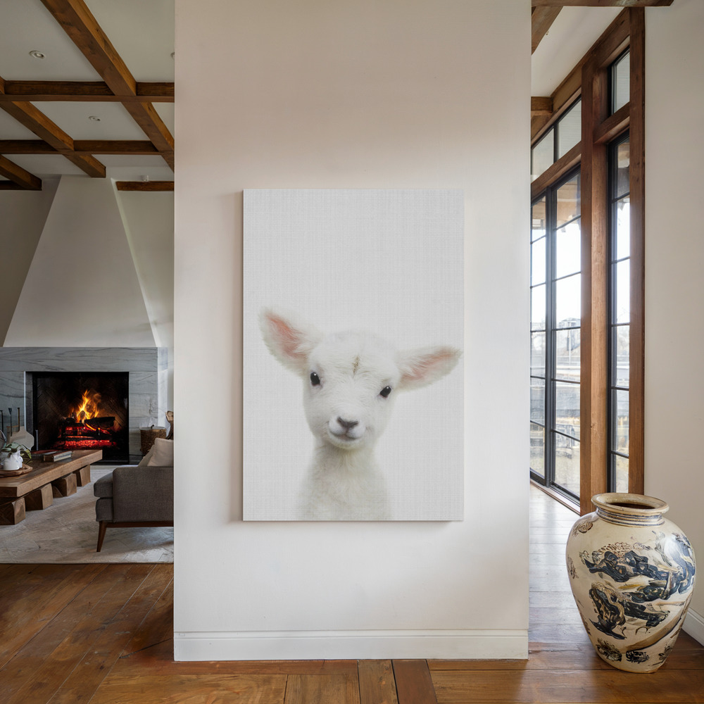 Canvas print - Peekaboo Baby Sheep by the fireplace
