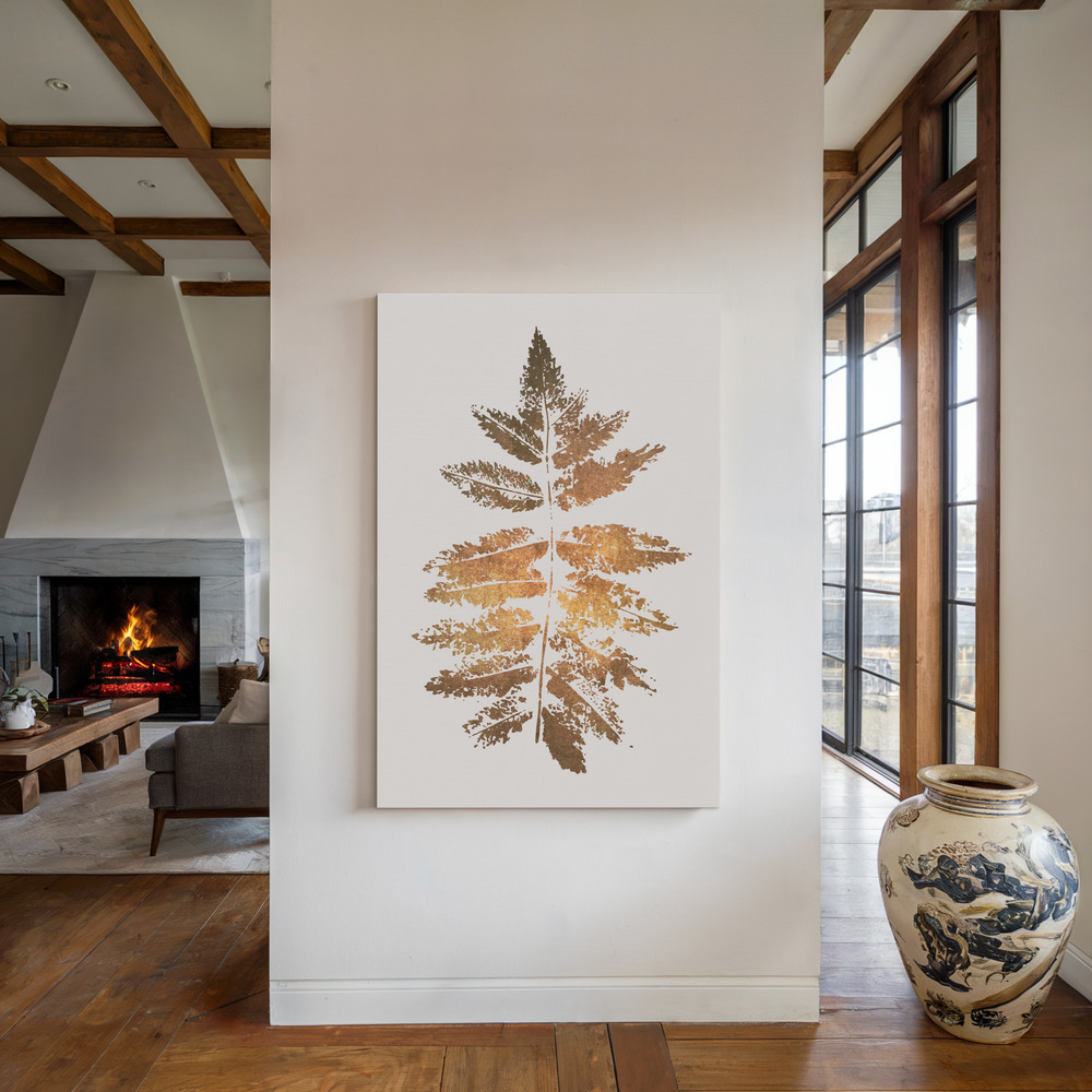 Stampe su tela - Oak Leaf Print   Gold accanto al camino
