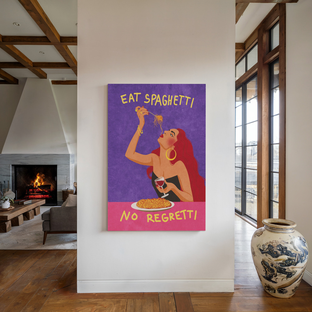 Canvas print - Eat spaghetti no regretti by the fireplace