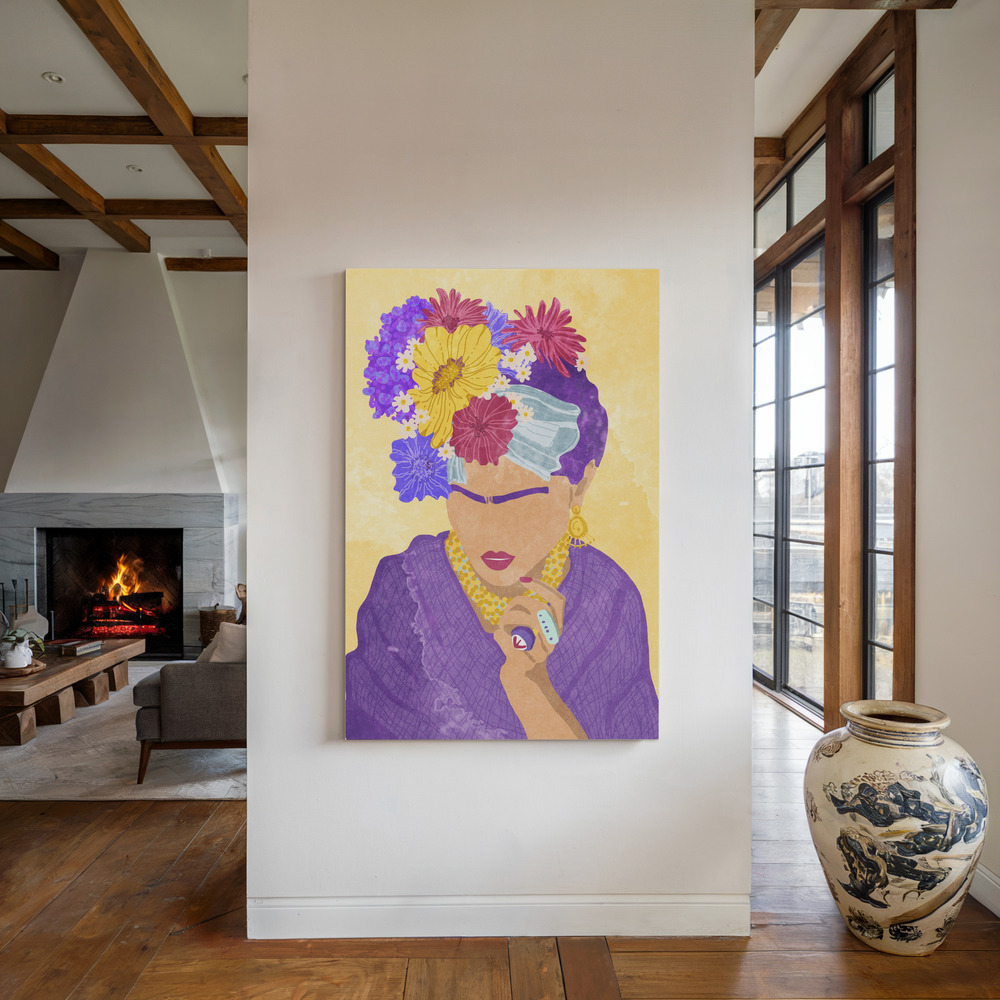 Canvas print - Frida and flowers by the fireplace