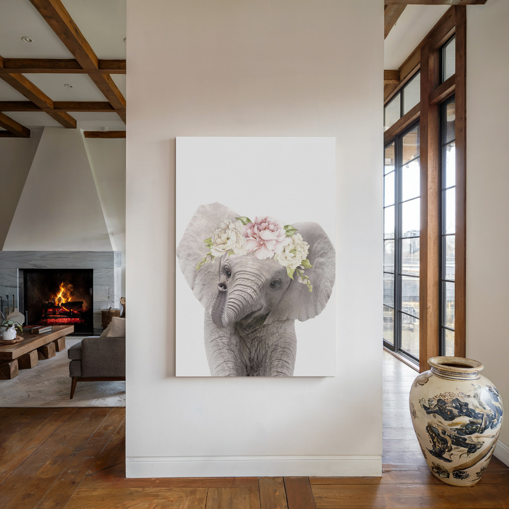 Lærred - Floral Baby Elephant ved pejsen