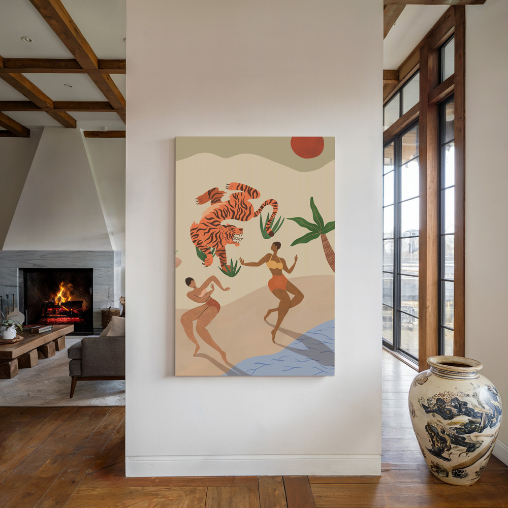 Canvas print - Dancing Tiger by the fireplace