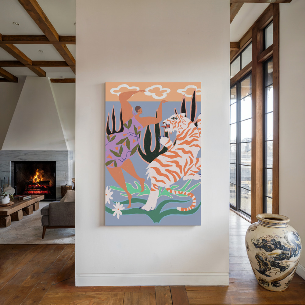 Lienzo - Hello Tiger junto a la chimenea