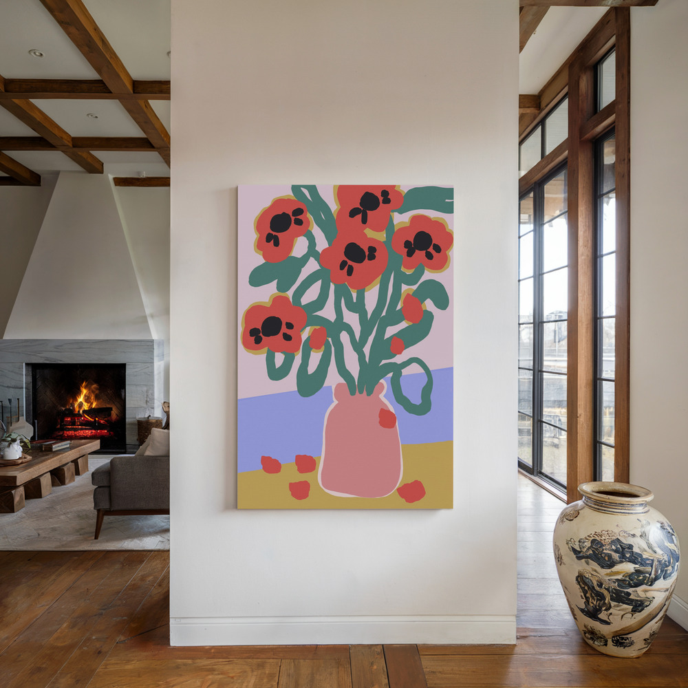 Lærred - Poppy In Pink Vase ved pejsen