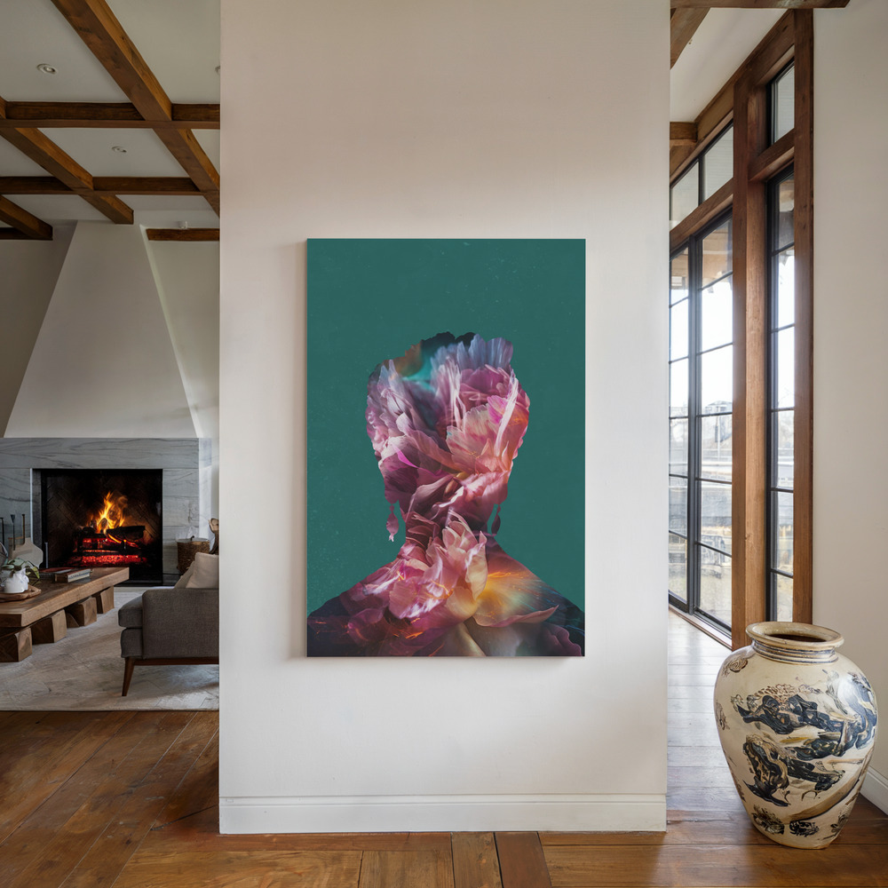 Canvas print - Frida floral silhouette portrait by the fireplace