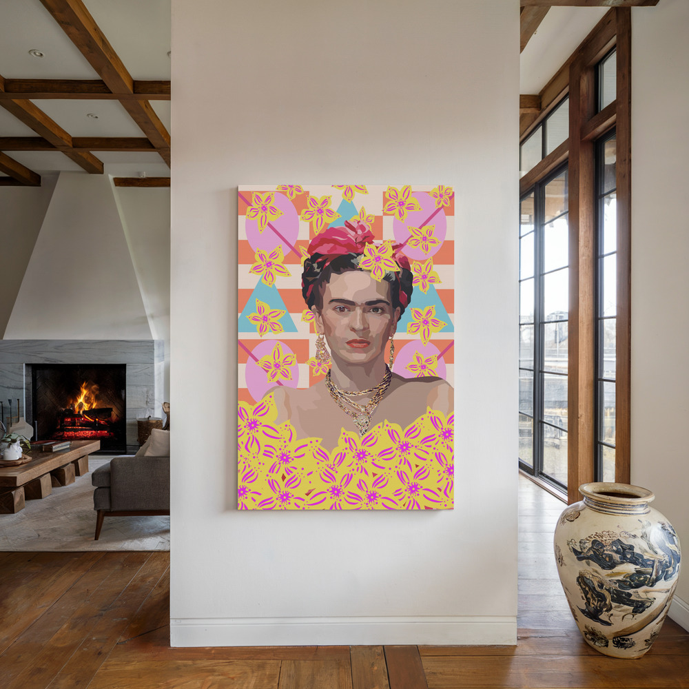 Canvas print - Frida with flowers by the fireplace