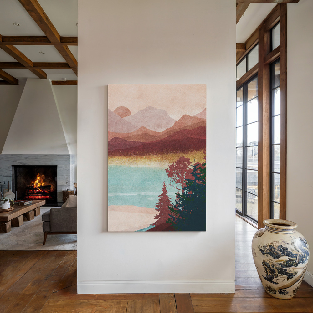 Canvas print - Misty Mountain Dawn by the fireplace