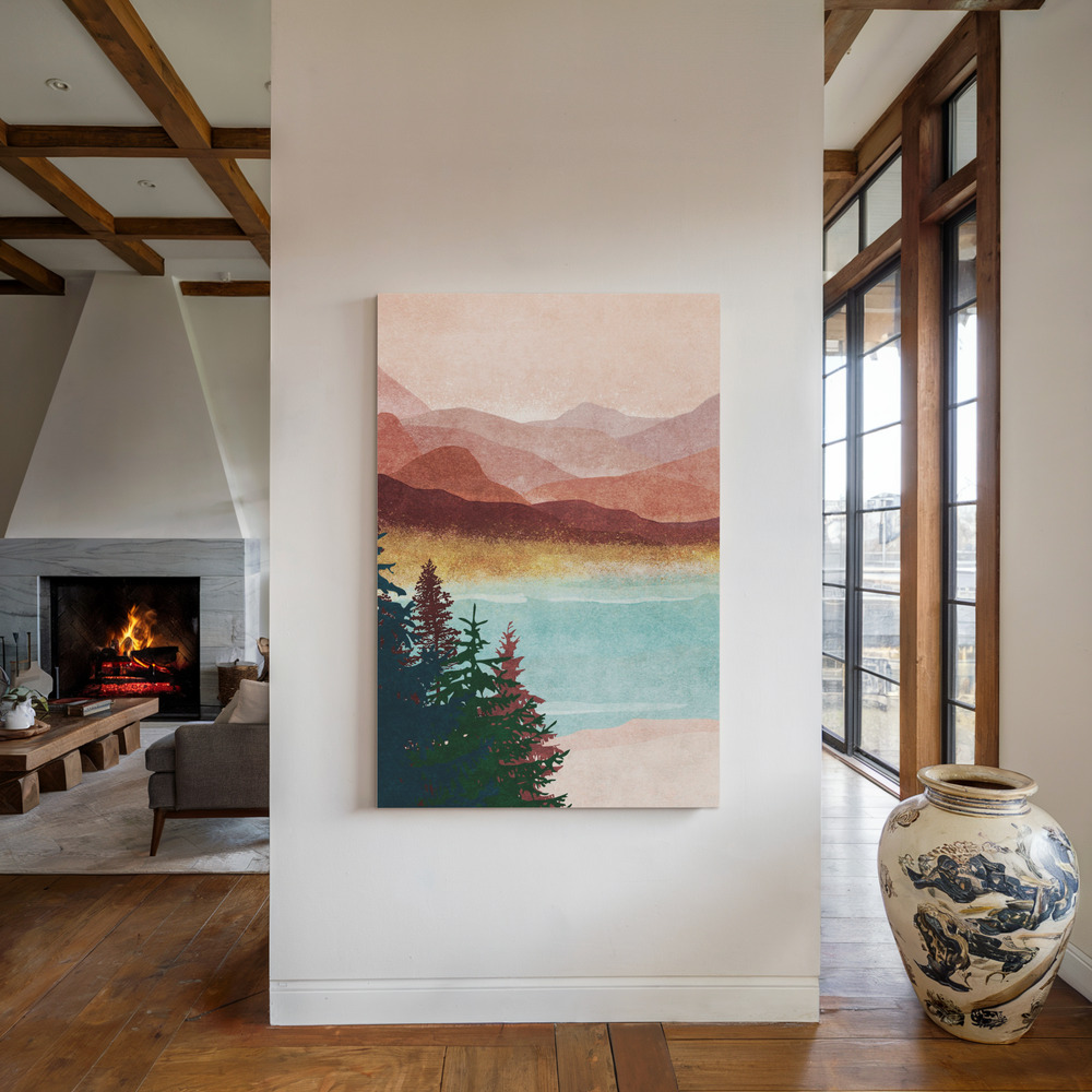 Canvas print - Misty Mountain Glow by the fireplace