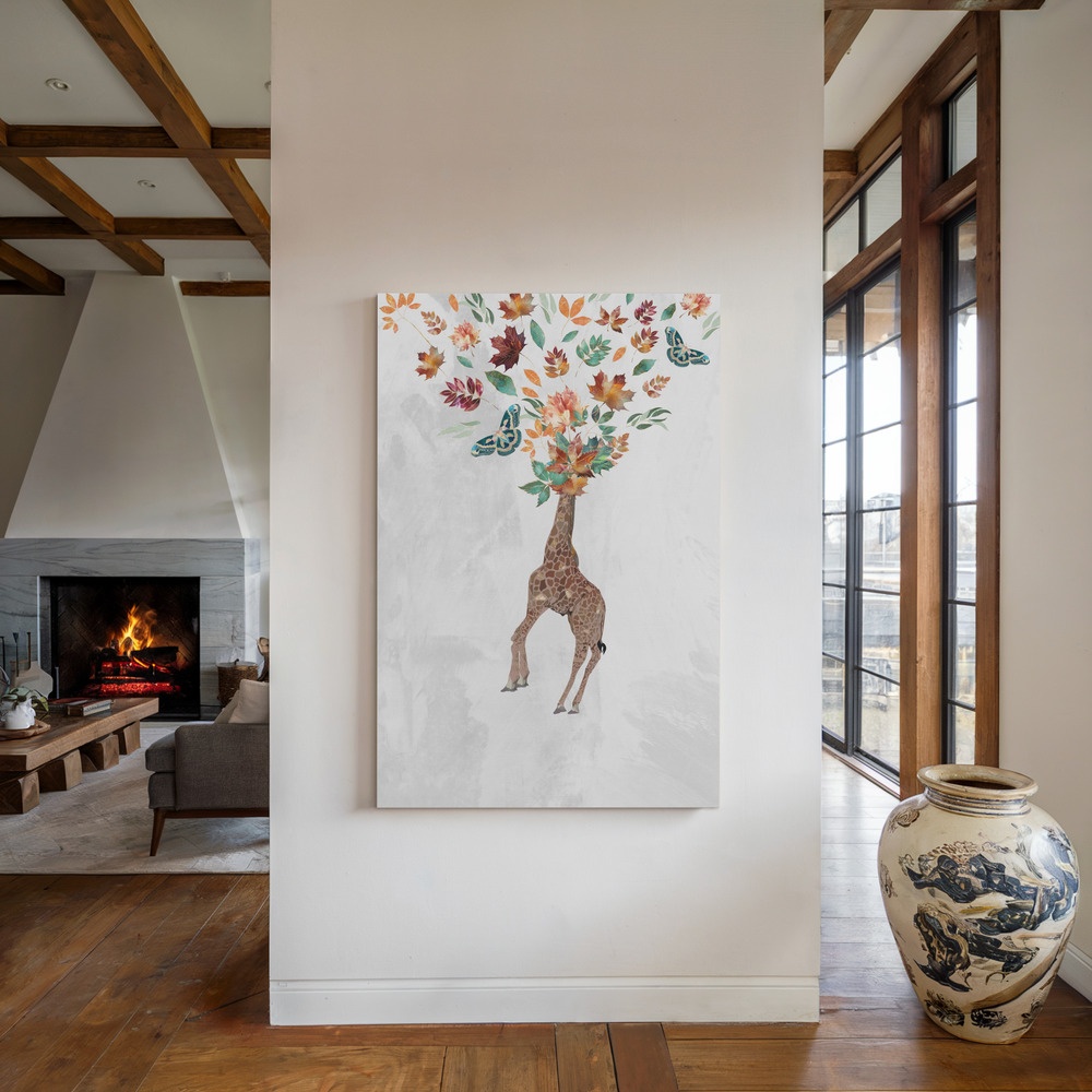 Canvas schilderi - Giraffe Autumn Leaves Head bij de open haard