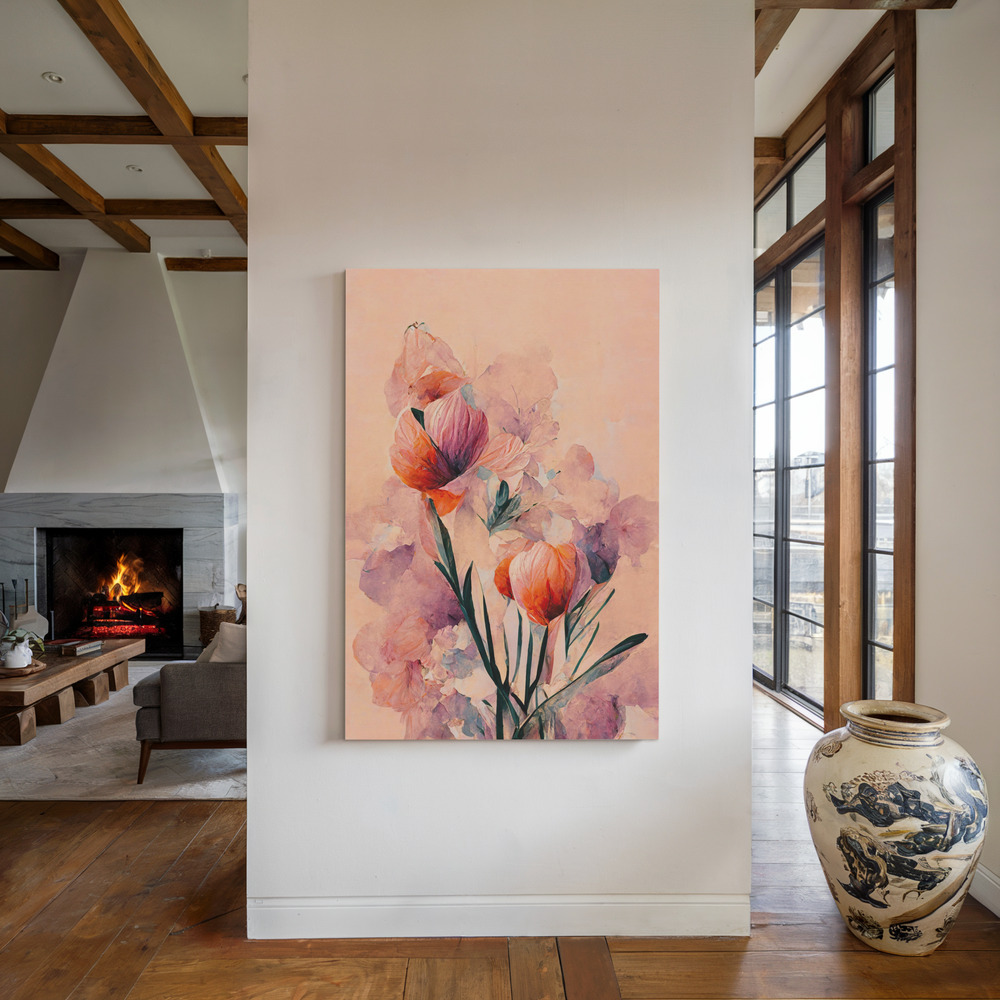 Stampe su tela - Abstract Coral Flowers (Peach) accanto al camino