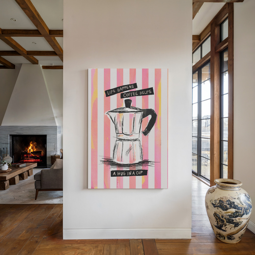 Stampe su tela - Mocca Coffee on Stripes - Hug in a Cup accanto al camino