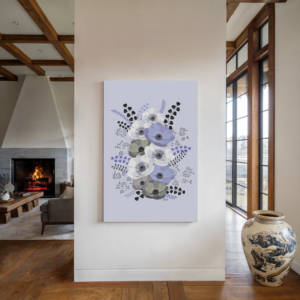 Canvas taulu - Anemones Floral Bouquet Blue takan ääressä
