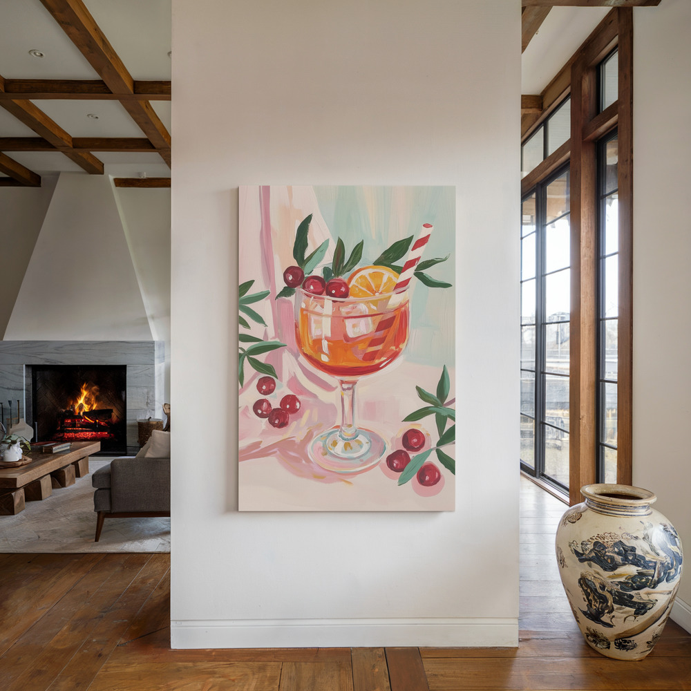 Canvas print - Christmas Aperol Spritz Cocktail by the fireplace