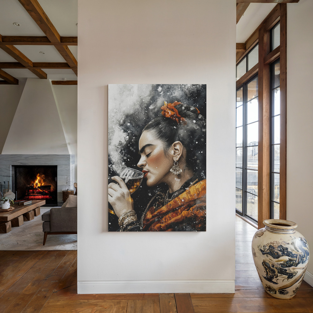 Canvas print - Frida with drink by the fireplace