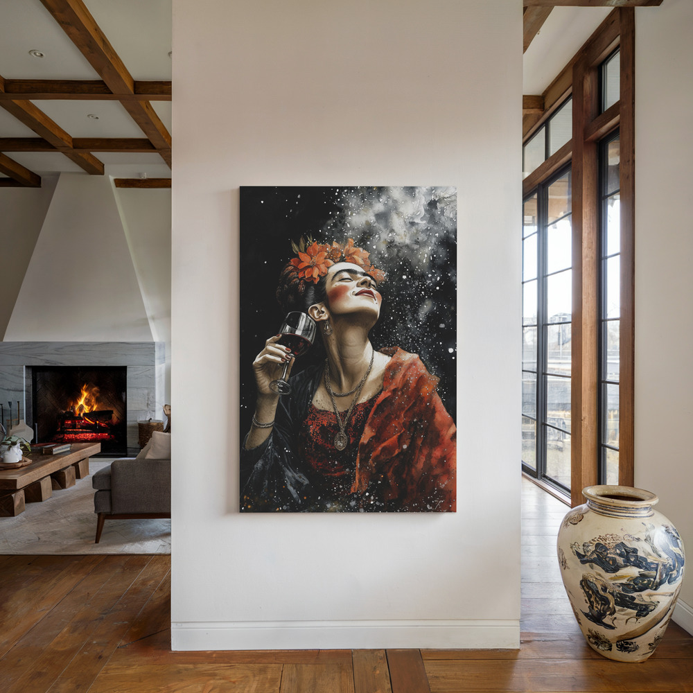 Canvas print - Frida and wine by the fireplace