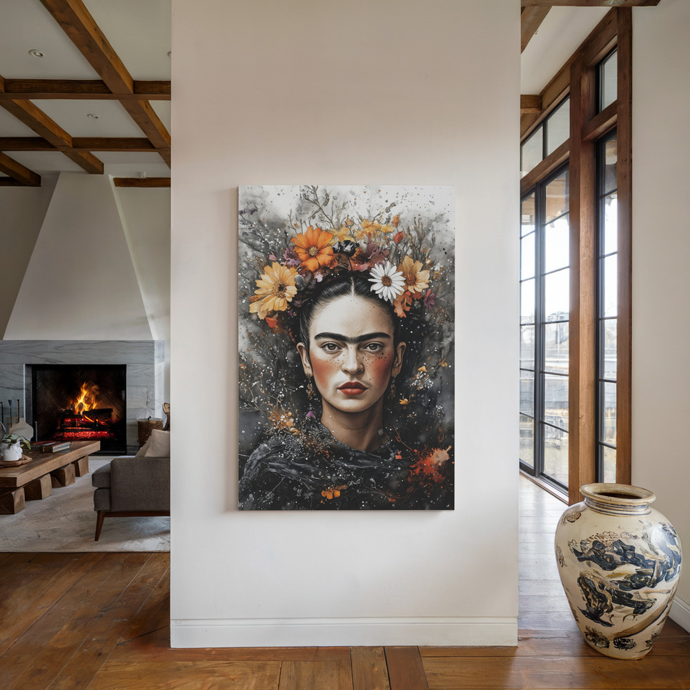 Canvas print - Frida portrait with flowers by the fireplace