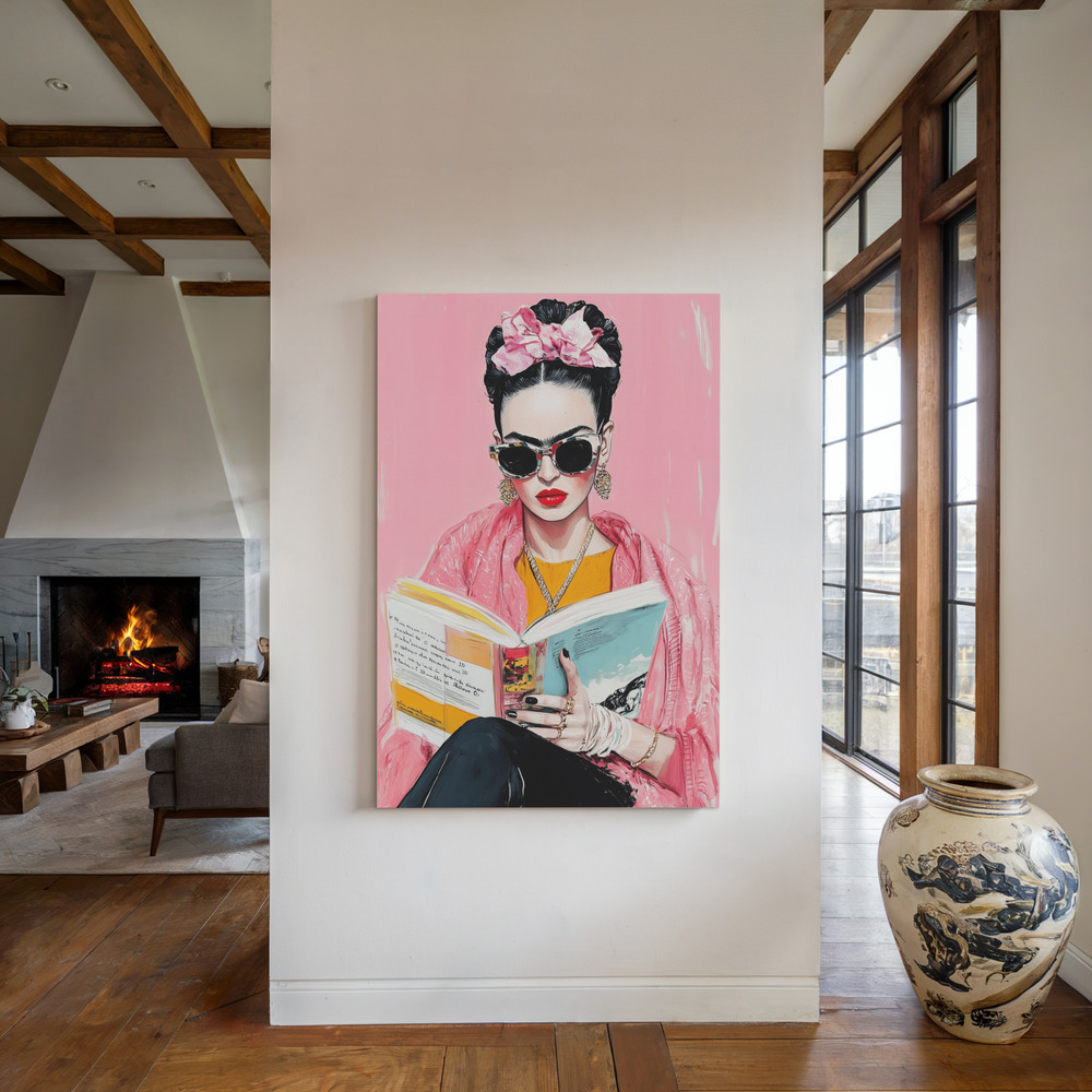 Canvas print - Frida Reading Book by the fireplace