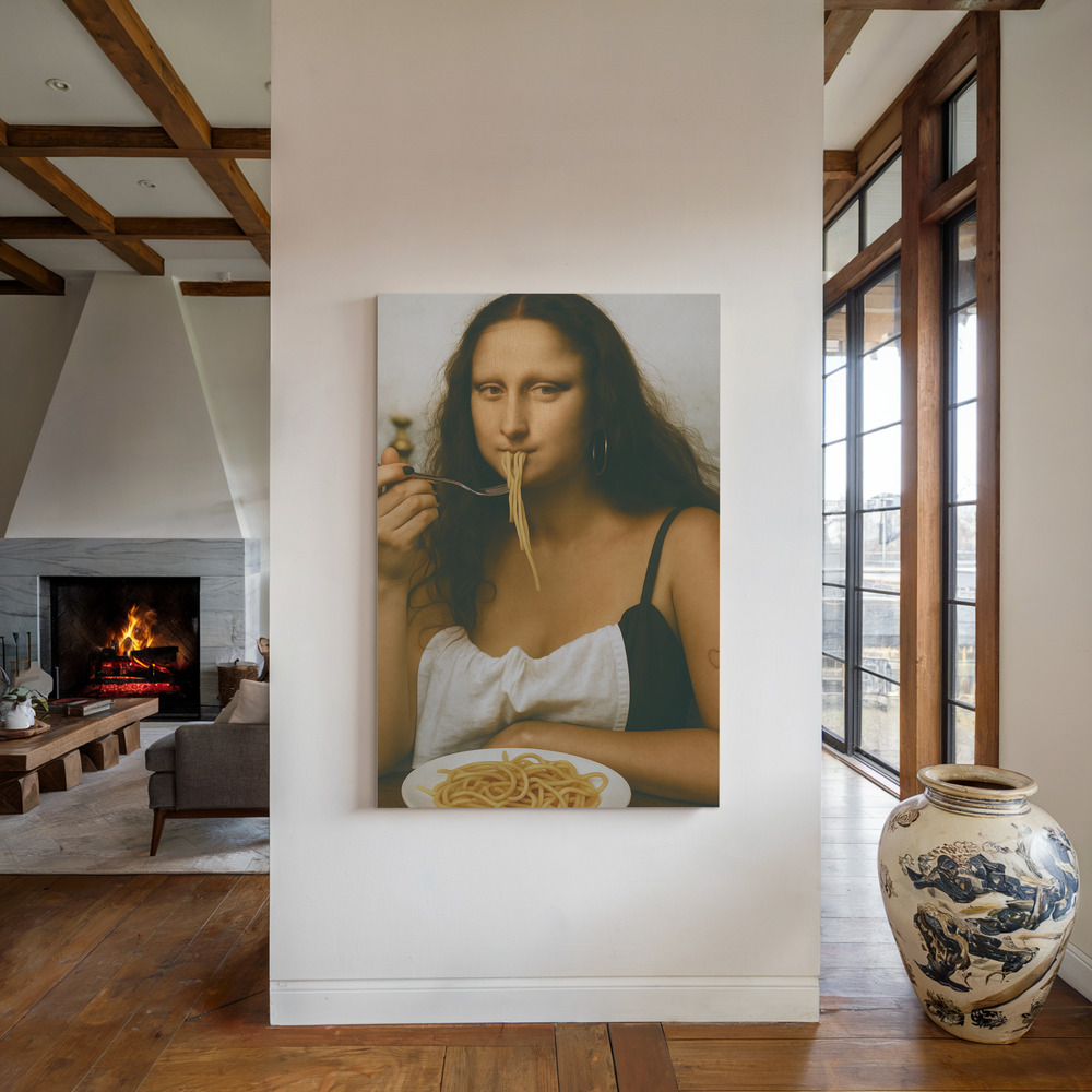 Canvas print - Parody of the Mona Lisa by the fireplace