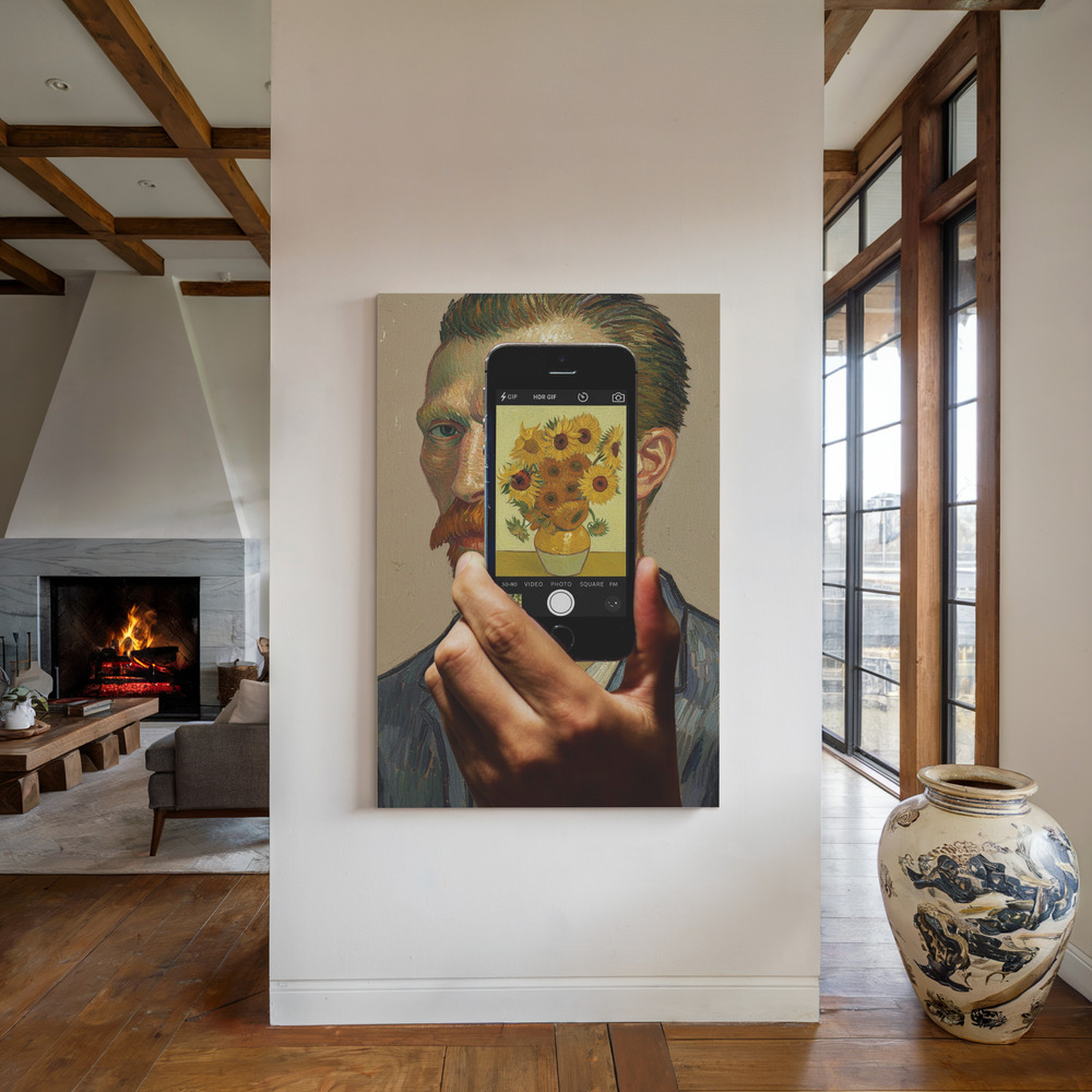 Canvas print - Sunflowers Selfie by the fireplace
