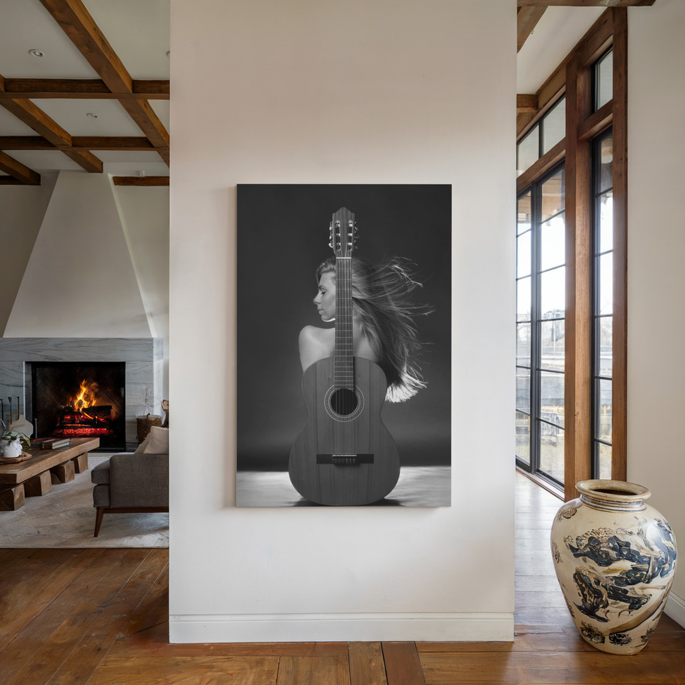 Leinwandbild - Girl with guitar am Kamin