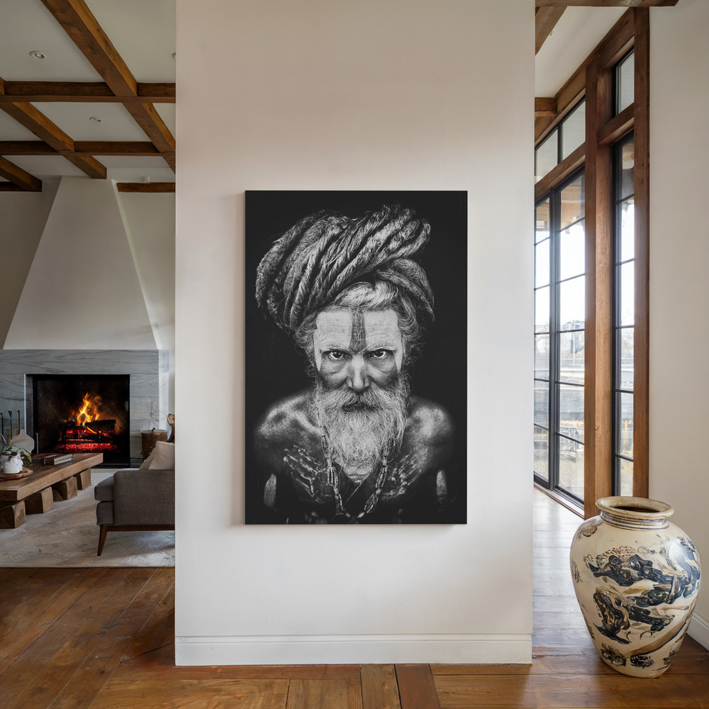 Canvas print - Face The Sadhu by the fireplace