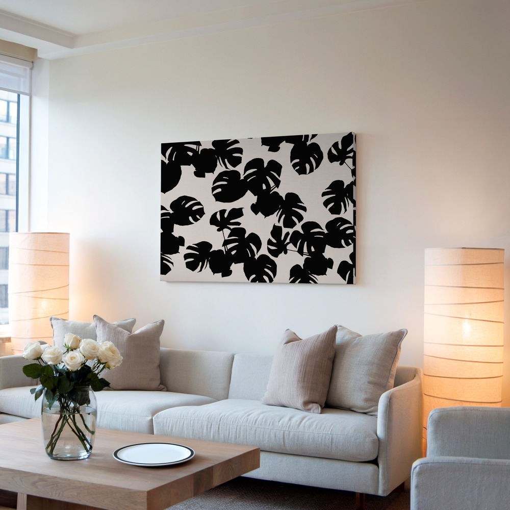Lærred - Monstera Leaves Black i stuen
