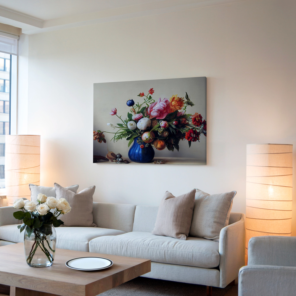 Canvastavla Flower Bouquet With Blue Vase - Tavla i vardagsrummet