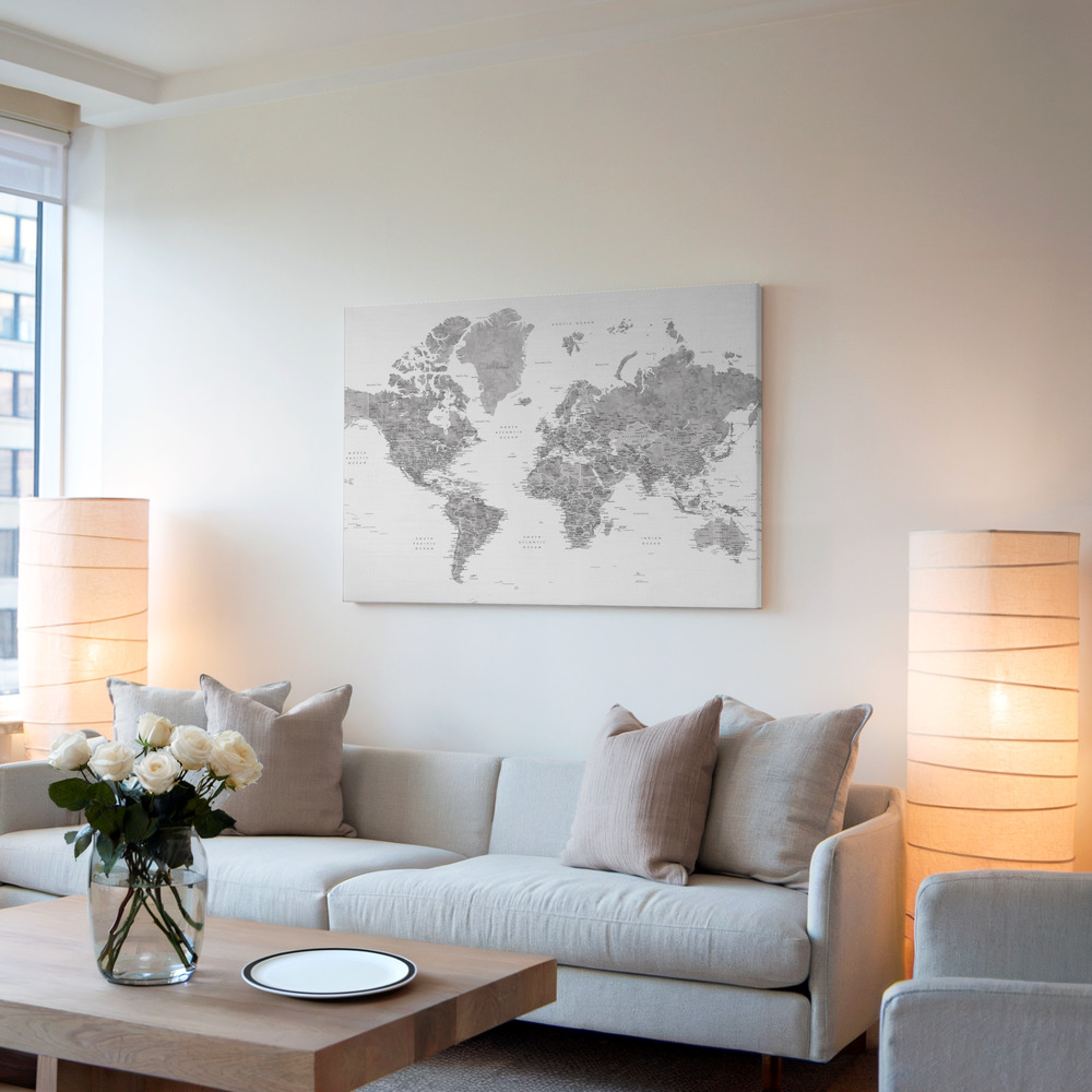 Stampe su tela - Detailed world map with cities, Jimmy in soggiorno