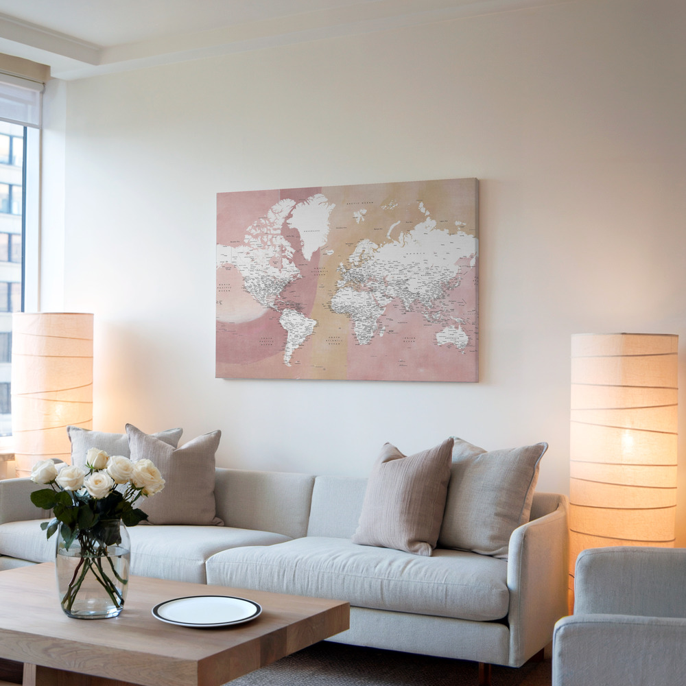Canvas taulu - Detailed world map with cities Mizn olohuoneessa