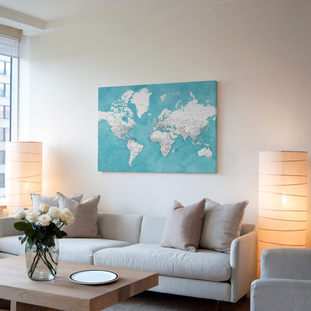 Stampe su tela - Detailed world map with cities Idrak in soggiorno