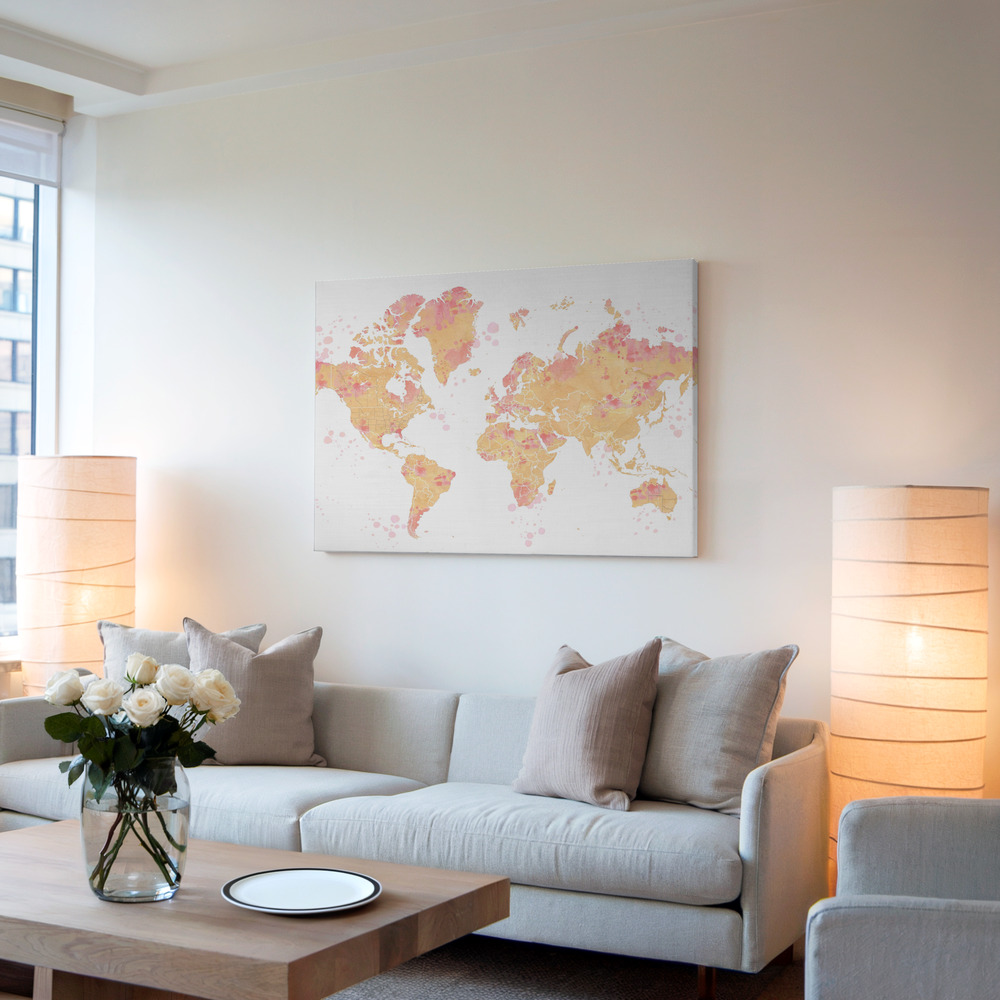 Canvas schilderi - Amanda world map silhouette in de woonkamer
