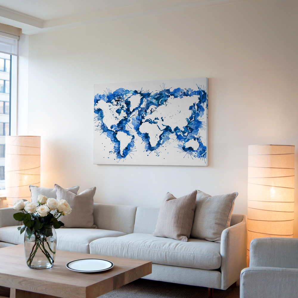 Toile - Blue strokes world map dans le salon