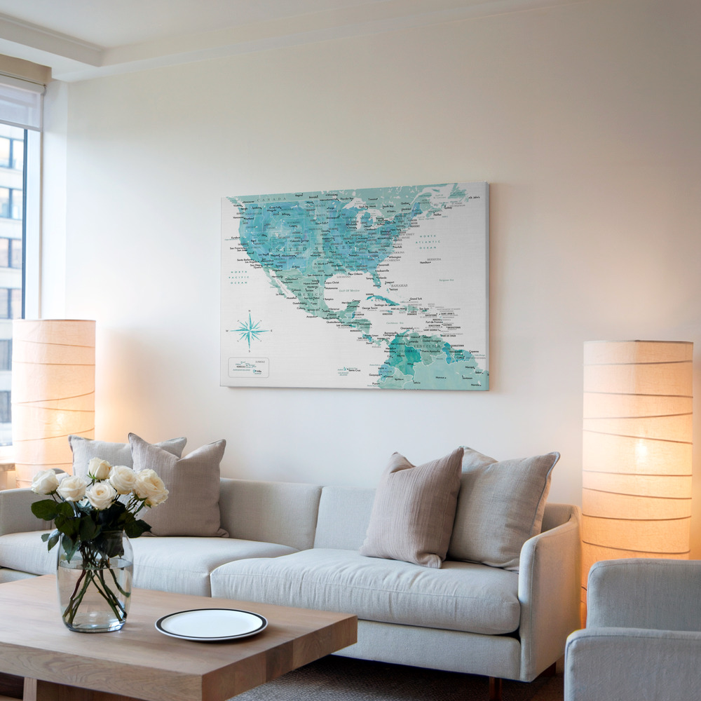Stampe su tela - Aquamarine map of USA and Mexico in soggiorno