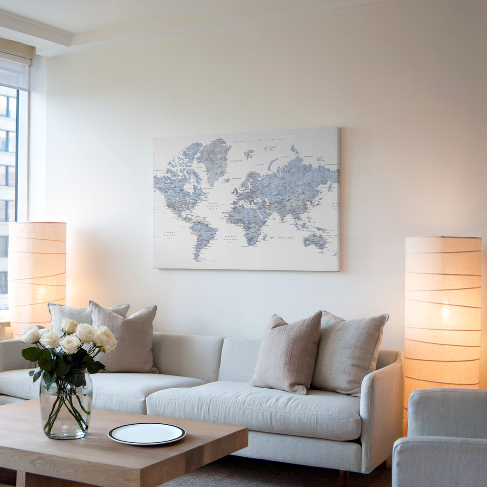 Lærred - Blue world map in Spanish i stuen