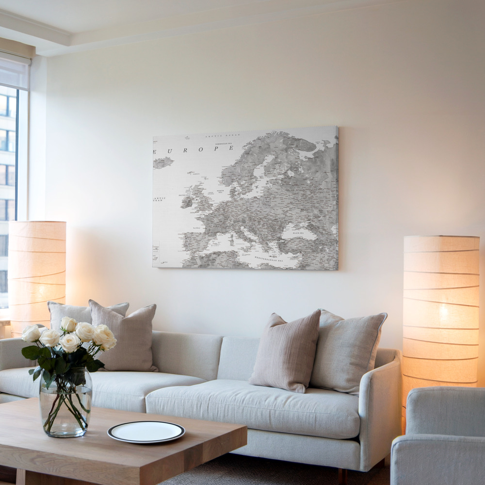 Toile - Gray watercolor Europe map dans le salon