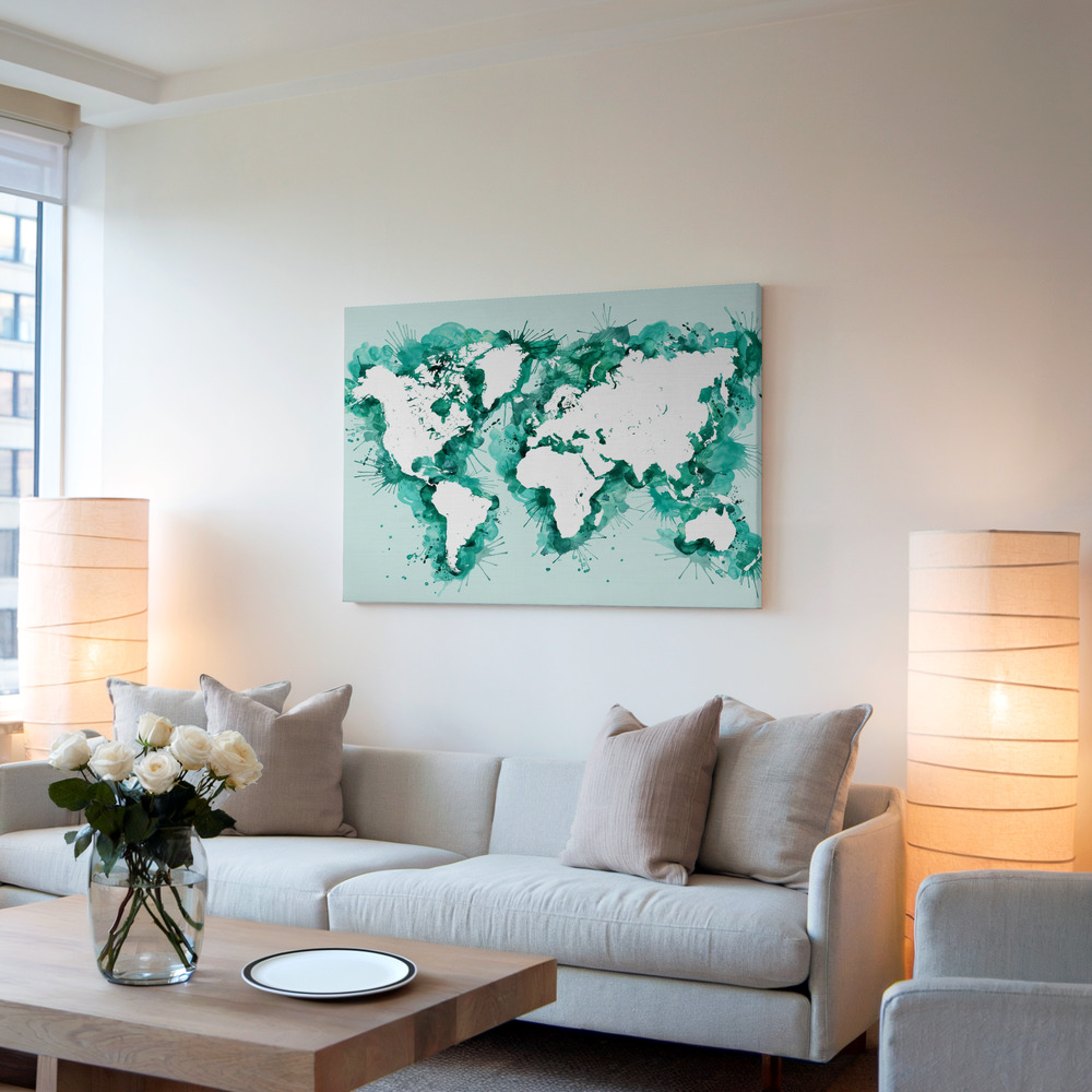 Stampe su tela - Teal strokes world map in soggiorno