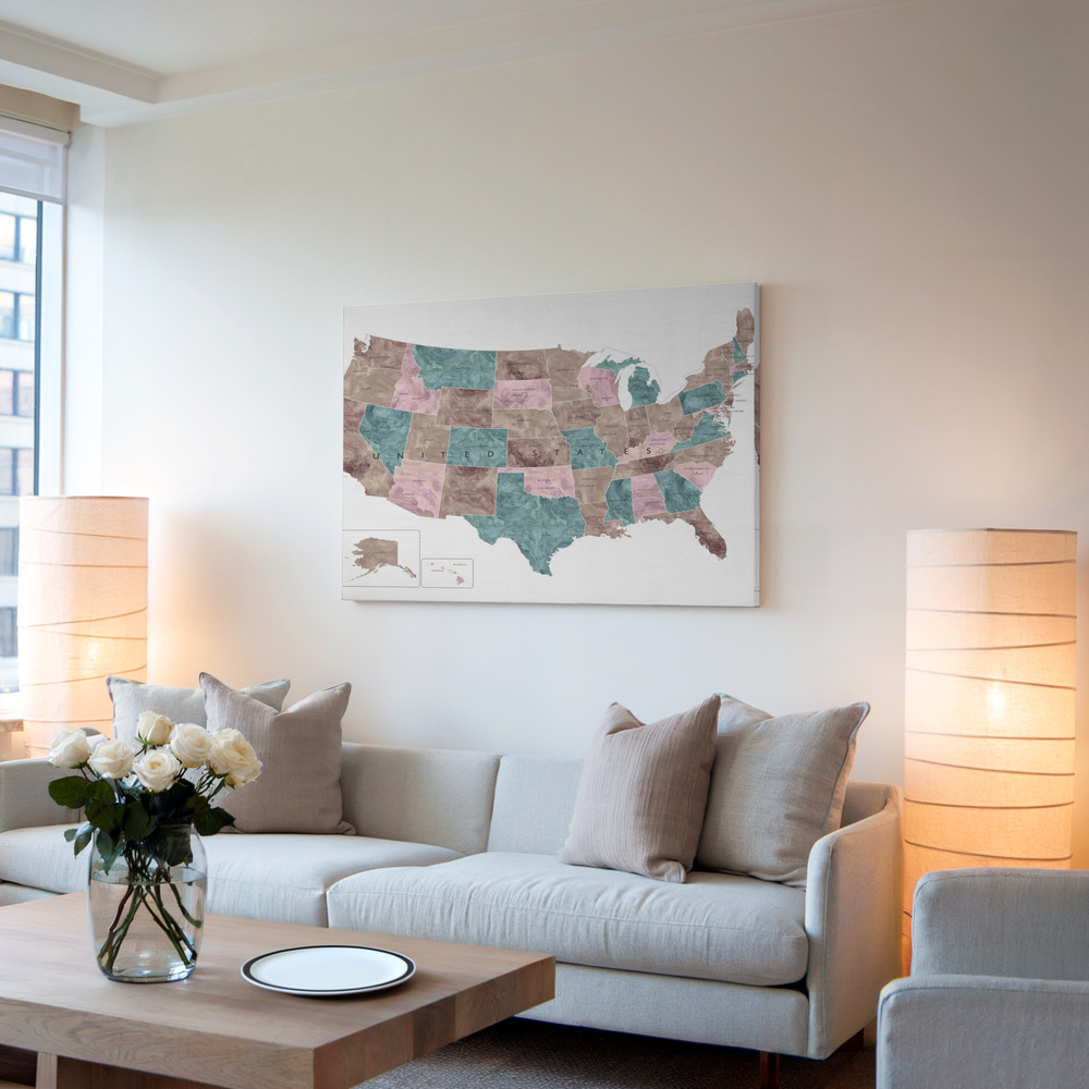 Canvastavla Pink and teal watercolor map of the US - Tavla i vardagsrummet