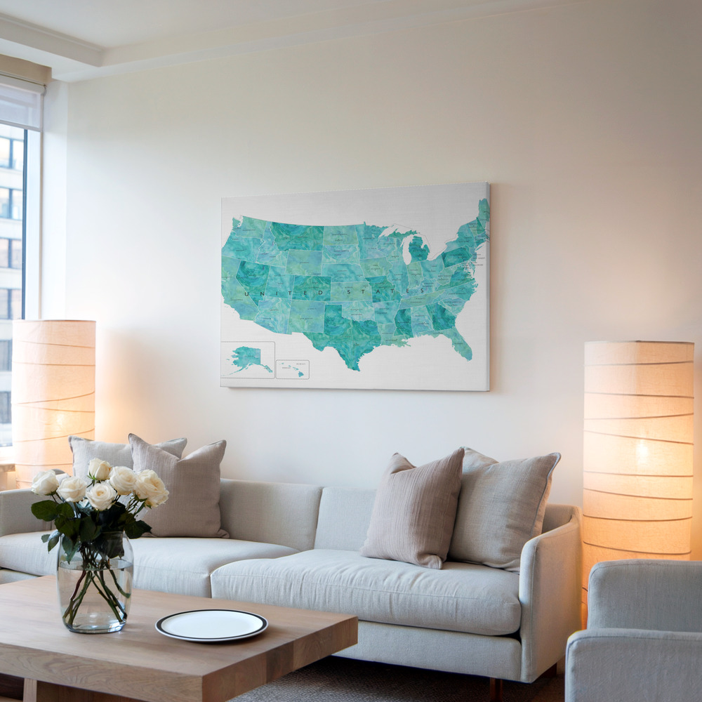 Canvas schilderi - Aquamarine watercolor US map in de woonkamer