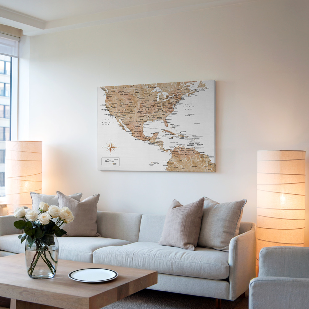 Stampe su tela - Neutral USA and the Caribbean sea map in soggiorno